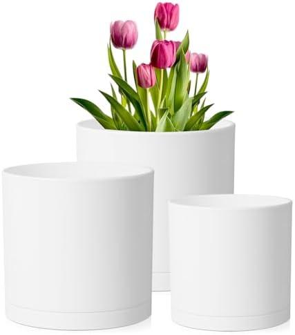 Meowell 8/7/6 inch Plant Pots, Set of 3 Cylinder Flower Pots for Outdoor Indoor Plants, Decorative Plastic Planters with Drainage Holes and Saucers for Garden House Plants, White
