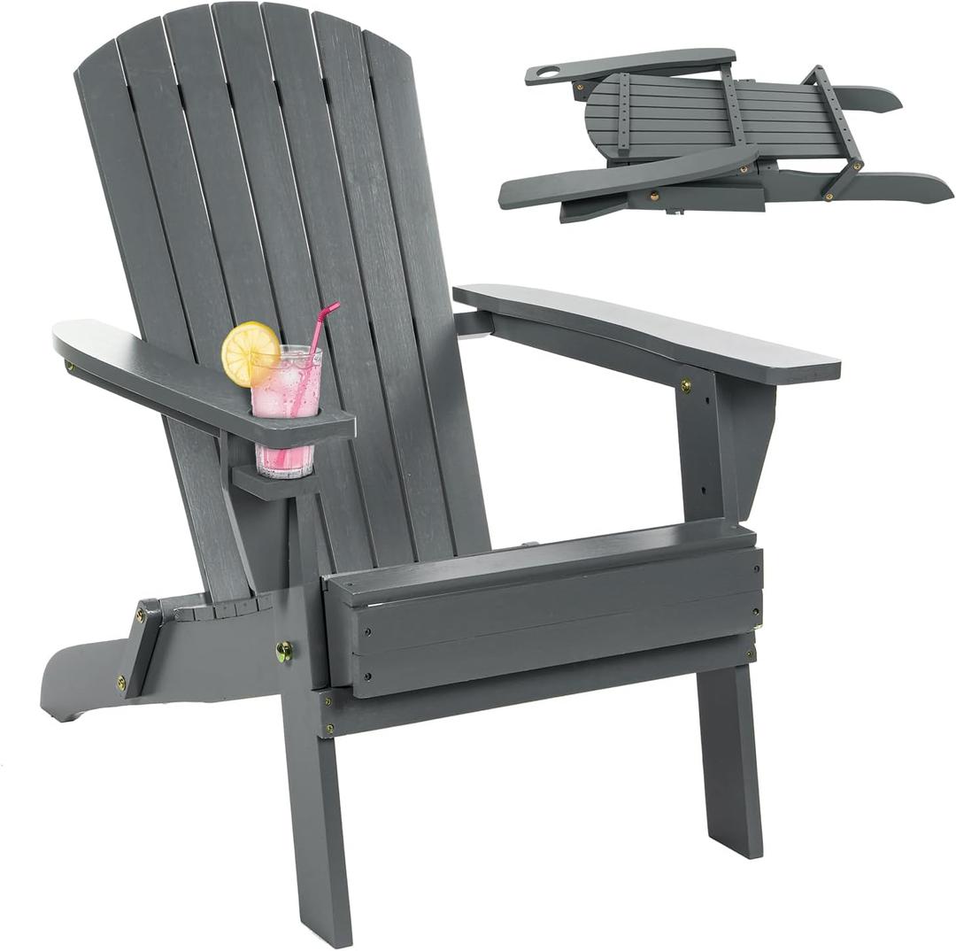 Folding Adirondack Chairs, Outdoor Wooden Lawn Chairs with Cup Holder, Patio Chair for Garden,Yard,Poolside,Backyard, 350lb Weight Capacity (Gray) (Grey)