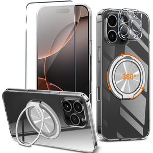 Compatible with iphone 16 Pro Max Phone Case with Screen Protector & Camera Lens Protector, 360 Rotatable Ring Holder Kickstand Shockproof Protective Cover Case for iphone 16 pro max 2024 5G - Clear