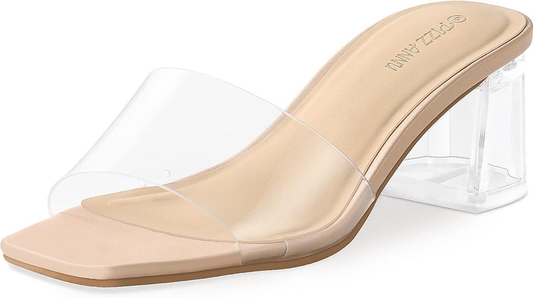 PIZZ ANNU Women's Square Open Toe Heels Sandals Low Block Chunky Heeled Sandal Slip on Mules Comfortable Casual Dress Pumps Shoes (9, Clear Nude)