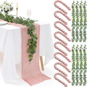 Leinuosen 8 Set 10 Ft Light Pink Cheesecloth Table Runner Easter Spring Decor with 6 Ft Eucalyptus Garland, Boho Gauze Table Centerpiece Runner for Wedding Baby Shower Birthday Party Decor