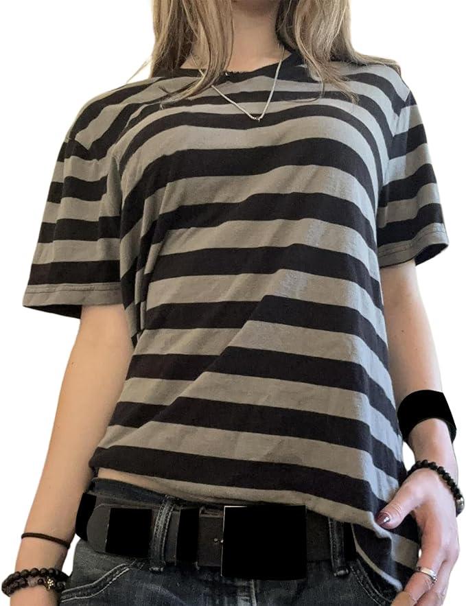 Y2k Women Striped Crop Tops Long Sleeve Loose Fit Fairy Grunge Tees T-Shirt Color Block Casual Fall Going Out (S, Gray)