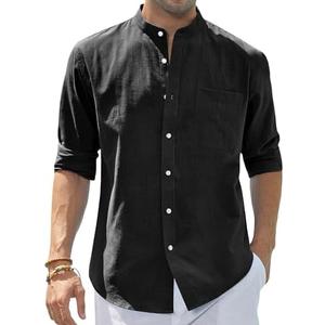 J.VER Men's Cotton Linen Long Sleeve Shirts Casual Button Down Banded Collar Shirt Beach Summer Tops with Pocket Size L