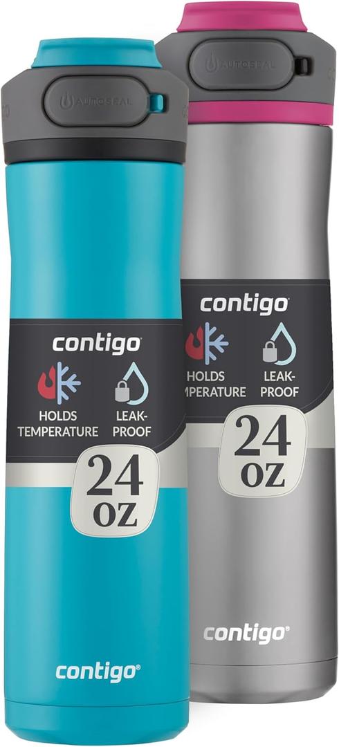 Contigo Cortland Chill 2.0 Vacuum-Insulated Stainless Steel Water Bottle Spill-Proof Lid Preserves Temperature for Hours 24oz 2-Pack Juniper & Dragon fruit Ideal for Travel and Daily Use