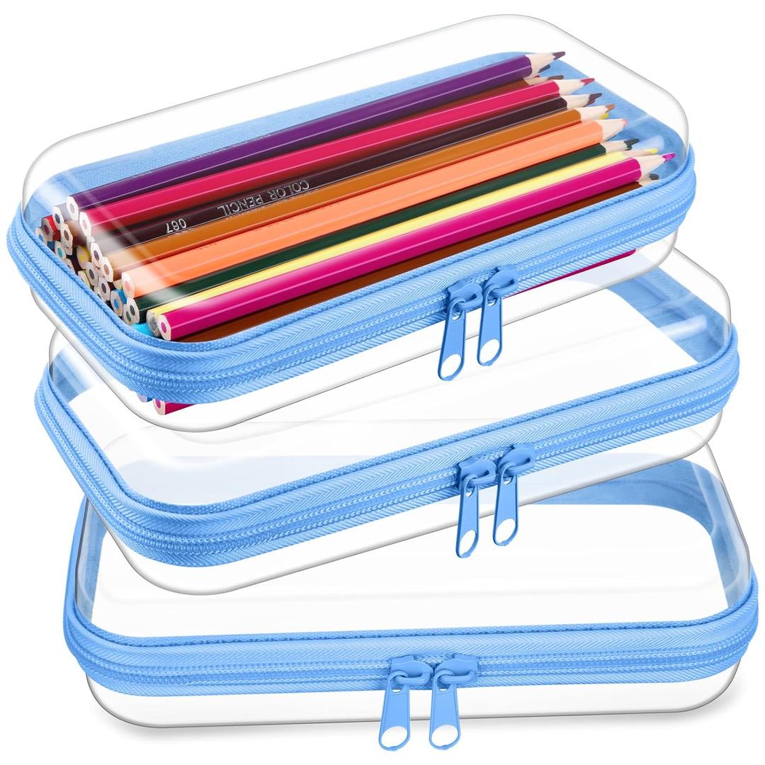 Hoolerry 3 Pcs Clear Hard Zipper Case Hard Plastic Zipper Pouch Makeup Bag Portable Travel Organizer for Cosmetics, Office Supplies, Documents & Toiletries (Blue,Small)