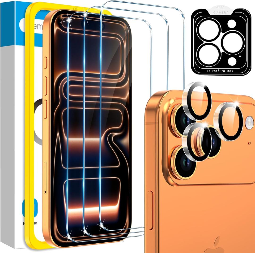 Fotbor Compatible for 3 Pack iPhone 17 Pro Max Screen Protector with 1 Set Camera Lens Protector, 2025 Upgrade 9H+ Premium Tempered Glass 17 Promax, Easy Installation Kits, 6.9 inch (Transparent)