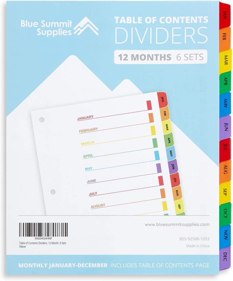 Blue Summit Supplies 12 Month Dividers for Binders, Jan to Dec Monthly Tabs, Includes Customizable Table of Contents Index, 6 Sets