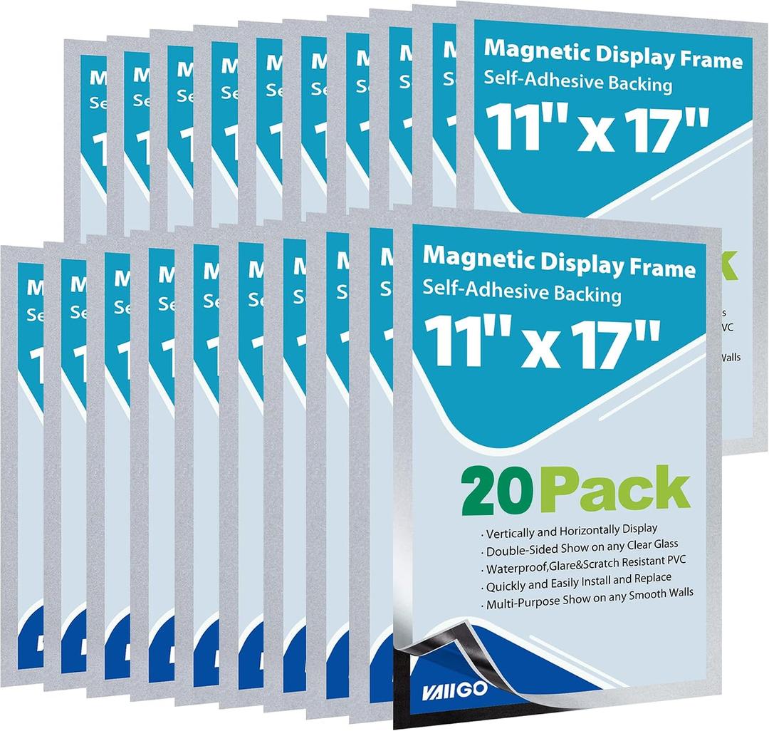 11" x 17" Magnetic Sign Holder, Self-Adhesive Double-Sided Display Frame for Glass, Window, Door, Wall Magnetic Poster & Document Holder, 20 Pack, Silver