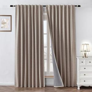 Zyvola 100% Blackout Curtains 108 inch Length 2 Panels Faux Linen Long Drapes for Bedroom Living Room Black Out Room Darkening Curtain Thermal Insulated Back Tab Rod Pocket(W37 x L108, Beige)