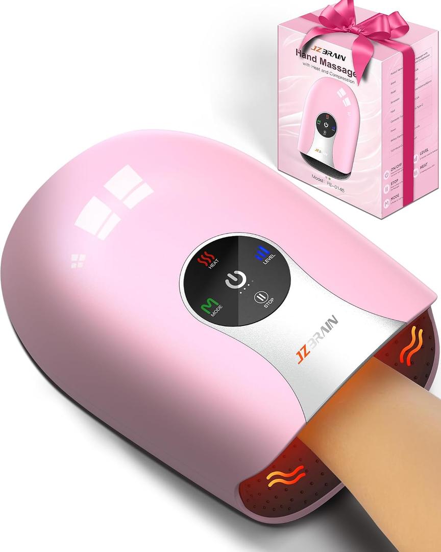 JZBRAIN Hand Massager with Heat and Compression : Cordless Heated Hand and Wrist Massager for Palm, Fingers, and Comfort Relief 4 Modes 6 Intensities, Portable Rechargeable, Wife Husband (Pink)