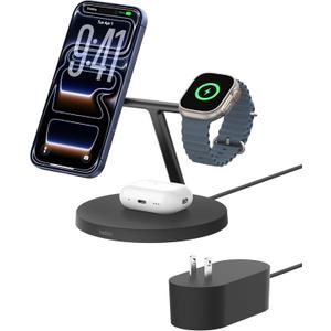 Belkin MagSafe-Compatible iPhone Charger, 3-in-1 Wireless Charging Station, Qi2-Certified 15W Wireless Charge for Apple iPhone 17 Series, Apple Watch, AirPods w/Non-Slip Base, 40W Included - Black