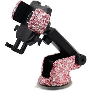 Bling Car Phone Mount Holder,Shiny Crystal Rhinestone Phone Stand for Women and Girls, Car Accessories for Windshield, Compatible with Most Cellphones (Pink)
