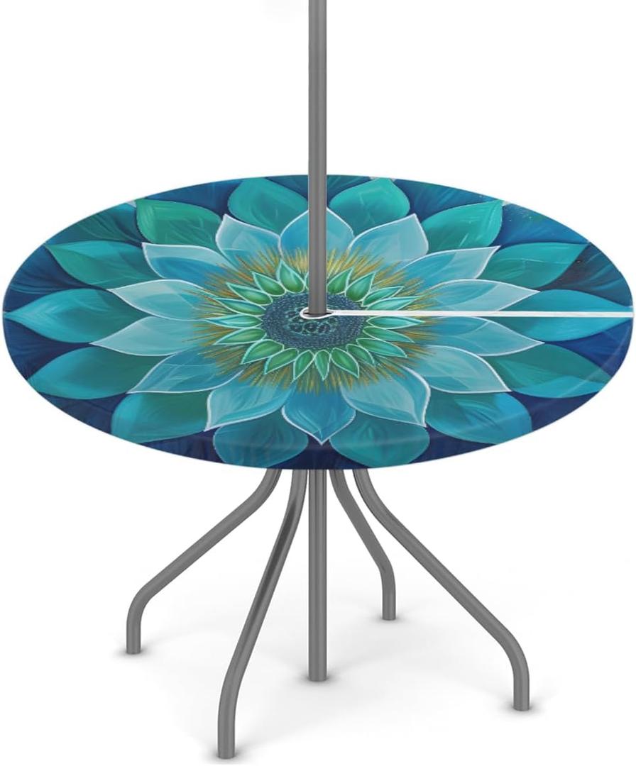 Teal Mandala Flower Outdoor Round Tablecloth with Umbrella Hole and Zipper Elastic Edged Circle Table Cloth Waterproof Fitted Table Covers for Picnic Camping Garden Fit 36-44in