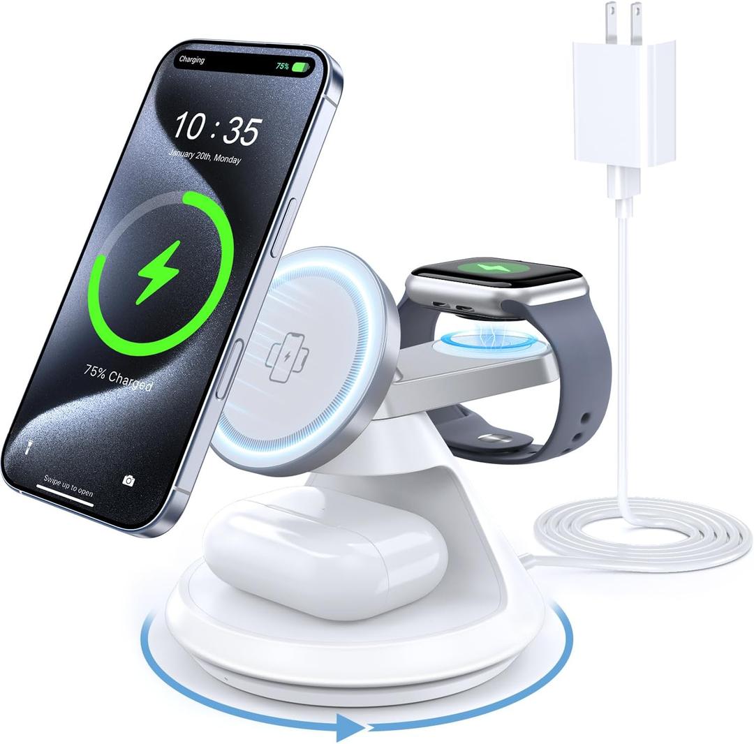 3 in 1 Charging Station for Apple MagSafe Charger Compat, 15W Magnetic Wireless Charger Stand, 360 Rotating Dock, Wireless Charging Station for iPhone 17 16 15 14 13 12 Series for iWatch for AirPods (White)