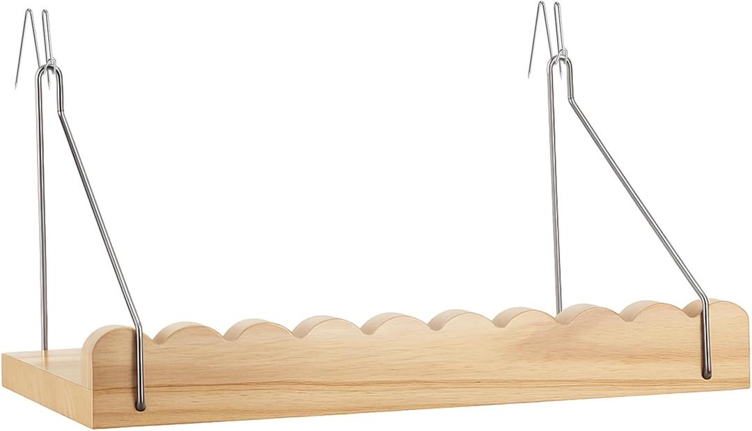 1 Pack Fabric Wall Cubicle Shelf with Hooks 11.8" Wooden Scalloped Organizer Storage Shelf with Hangers Cubicle Accessories for Women Office Wall Desk Bedroom Decor (Natural Wood)