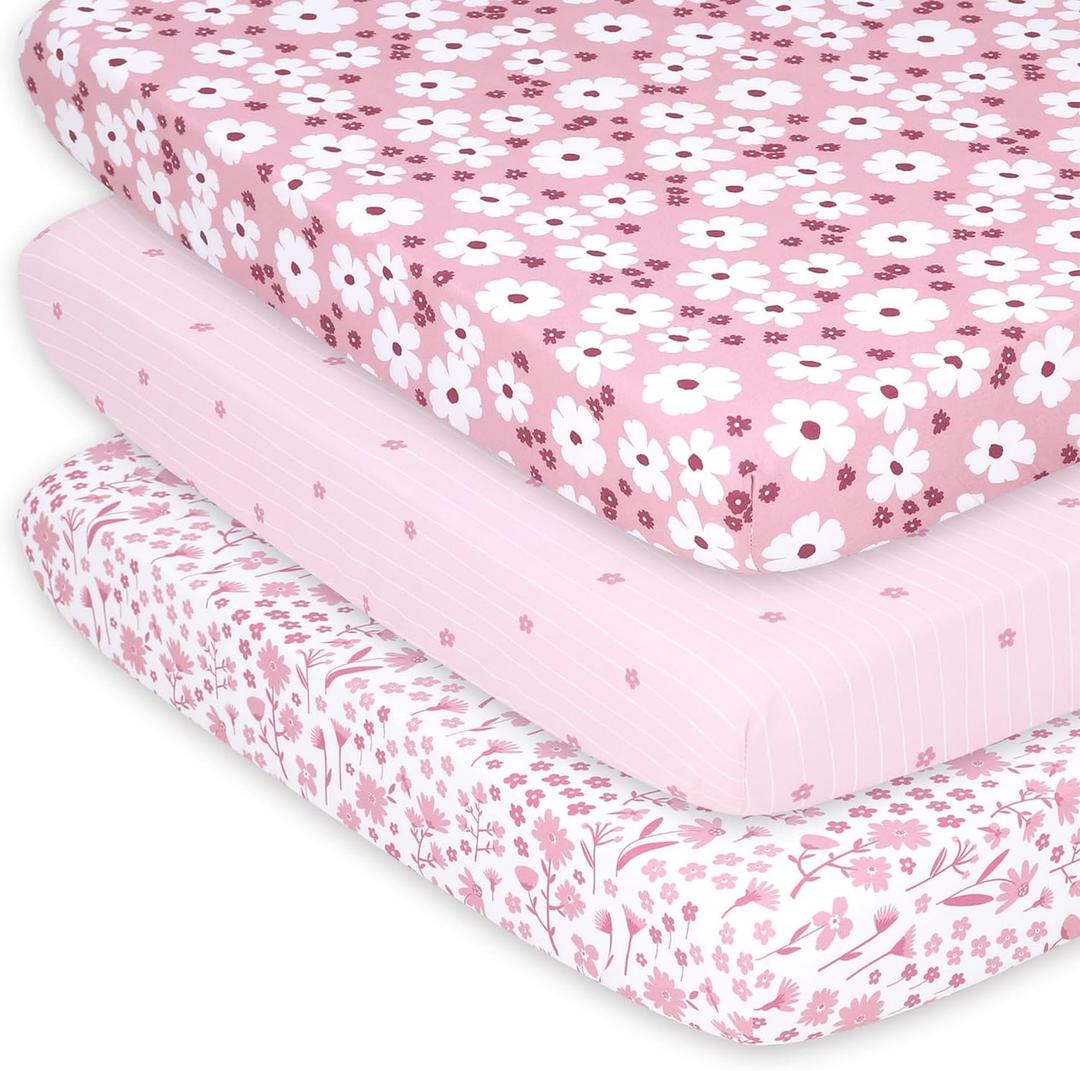 The Peanutshell 3-Pack Fitted Playard Sheets - Soft & Breathable Baby Girl Mini Crib Sheets, Pack N Play Mattress, Fits Standard Playard Pack Play Mattresses - Daisy