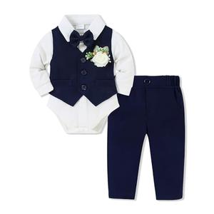 SANMIO Baby Boy Clothes Suits Infant Gentleman Outfit Collared Dress Shirt+Vest+Tie+Corsage+Pants 5Pcs Baby Suit Sets Size 6-12M