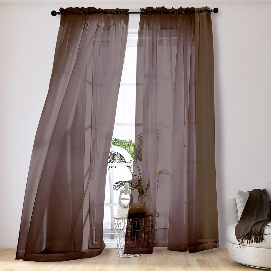 OVZME Brown Sheer Curtains 108 Inches Long, Light Filtering Semi Transparent Lightweight Voile Rod Pocket Window Curtains for Bedroom, Living Room, W42 x L108, Set of 2 Drape Panels (Chocolate)