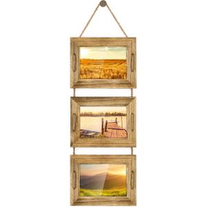 DLQuarts 5x7 Hanging Picture Frames Collage Wall Decor, 3-Opening Photo Frames 5x7 without Mat & 3.5x5 with Mat, Rustic Wood, Carbonized Black (5x7 (1-Pack)