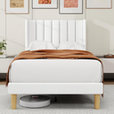 alazyhome Platform Bed Frame Twin Size with Upholstered Headboard, Solid Wood Slats Support, No Box Spring Needed, Noise Free, Easy Assembly, Modern Fabric Bed, White