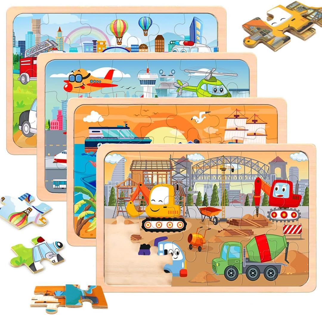 Puzzles for Kids Ages 4-6, 24 Pieces Wooden Puzzles for Toddlers Ages 3-5 4-8 3 4 5 6 3-4 Year Olds.4 Pack Car Puzzle Set Children Jigsaw Puzzles for Boys and Girls Educational Learning Toys