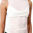 Sexy Pleated Ruched Crop Tank Tops for Women Mock Neck Sleeveless Mesh See Through Double Linery Tank Tops (Medium, White)