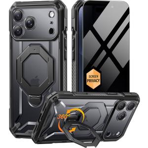 TONGATE for iPhone 17 Pro Case with 360° Spin Magnetic Stand, [Compatible with MagSafe][Military-Grade Protection] with Privacy Screen Protector & Camera Control Cover for iPhone 17 Pro, Black