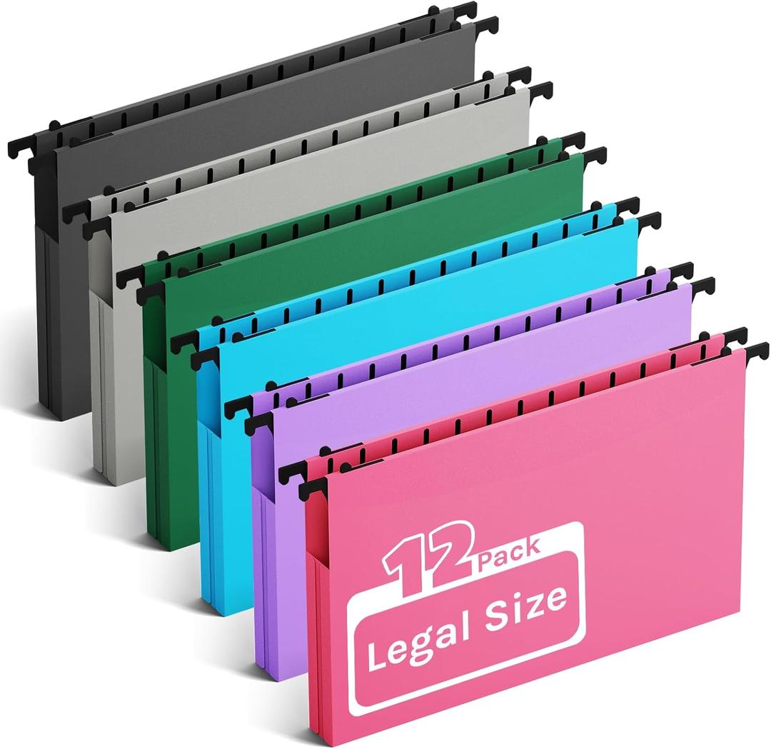 Ansook Plastic Legal Size Hanging File Folders,12 Pack Extra Capacity File Folders Hanging with Tabs,Heavy Duty 1" Expandable Legal Filing Cabinet Folders,File Frame Hanging File Organizer (1" Expansion-assorted Color)
