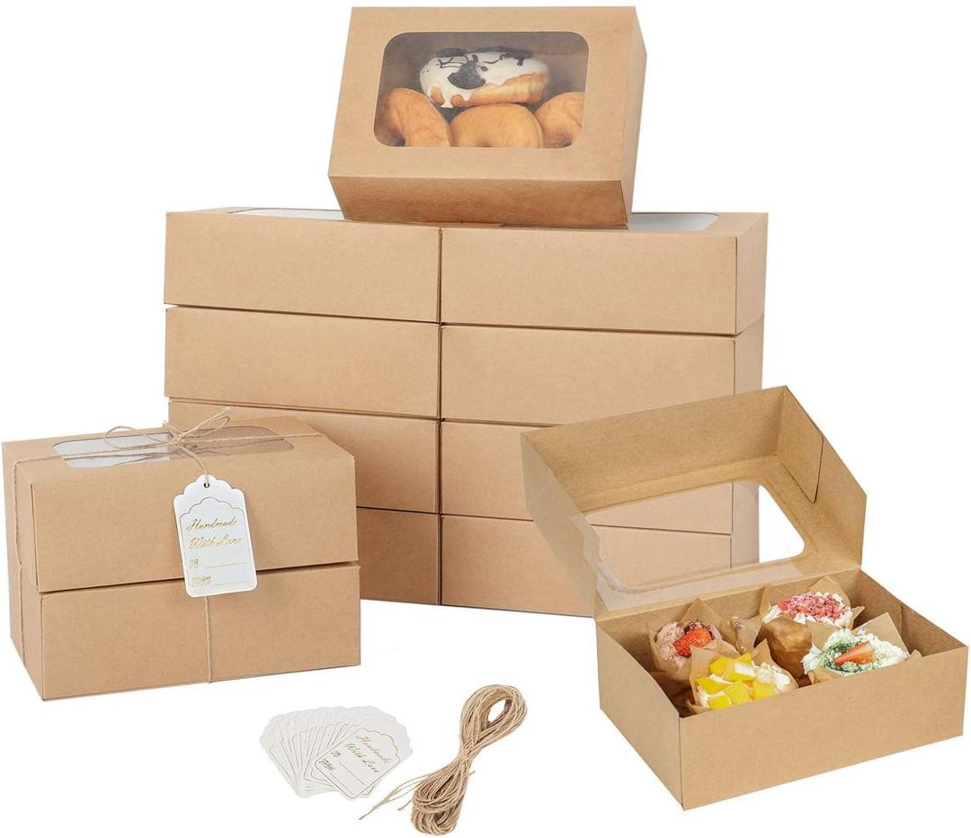 24 Pcs Cookie Boxes with Window for Paper Gift Giving Brown Bakery Gift Boxes 9 x 6.3 x 3 Inch, Easy Estate Holiday Packaging for Cookie, Cupcaked, Donuts & Pastries