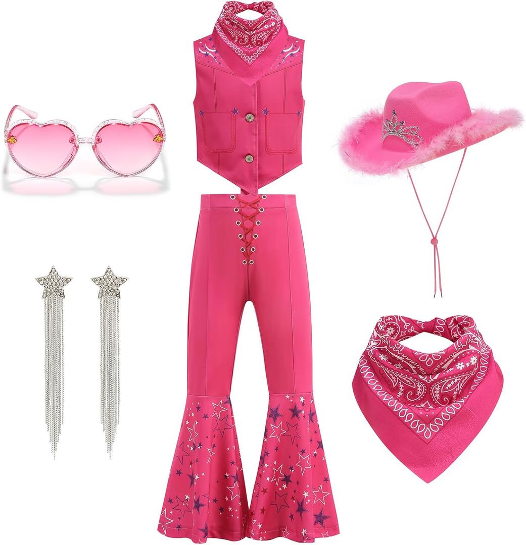 Cowgirl Costume for Girls Princess Dress up Halloween Cosplay Outfits with Hat Ear Clips Glasses (140(7-8T), Rose)