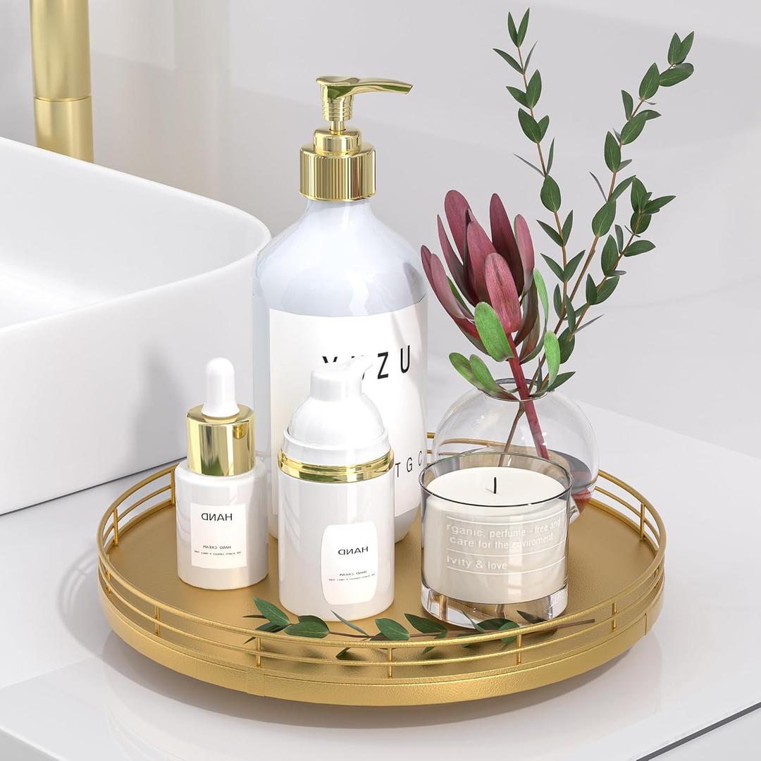 10" Gold Lazy Susan for Table Top, Oak Wood Lazy Susan Turntable Organizer for Dining Coffee Table Centerpiece Bar Decor Kitchen Countertop Bathroom Vanity Decorative Tray for Perfume Jewelry Round