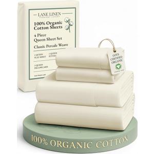 LANE LINEN 100% Organic Cotton Queen Sheets, 4Pc Cotton Sheets Set, Classic Percale Weave Bedsheets Queen Size Bed, Soft Breathable Sheet & Pillowcase Sets, Deep Pocket 15" - Natural