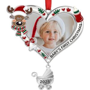 Baby's First Christmas Ornament 2025 My First Christmas Baby Girl Boy Xmas Tree Picture Frame Reindeer Ornament 2025 Personalized 1st Christmas Baby Ornament (Red, Pack of 3)