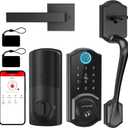 Smart Lock Front Door, SMONET Keyless Entry Door Lock with Handle, Smart Front Door Lock Set Fingerprint Smart Deadbolt Bluetooth Electronic Digital Keypad Lock, Auto Lock Work with Alexa, Black