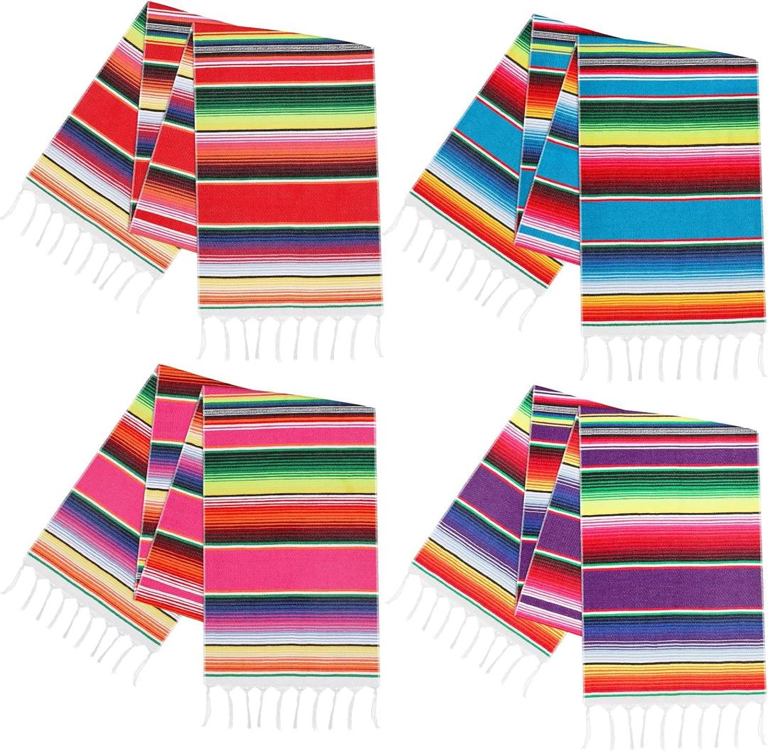 Fowecelt 4Pcs Mexican Serape Table Runner 14 x 84 Inch Hand Woven Blanket Colorful Striped Fringe Cotton Mexican Table Runner for Fiesta Themed Cinco de Mayo Wedding Party Decorations