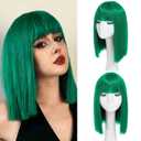 Green Bob Wig With Bangs - Heat Resistant 14Inch Synthetic Hair, Short Straight Shoulder Length Natural-Looking Cosplay Wig for Daily Use, Parties & Women Girls