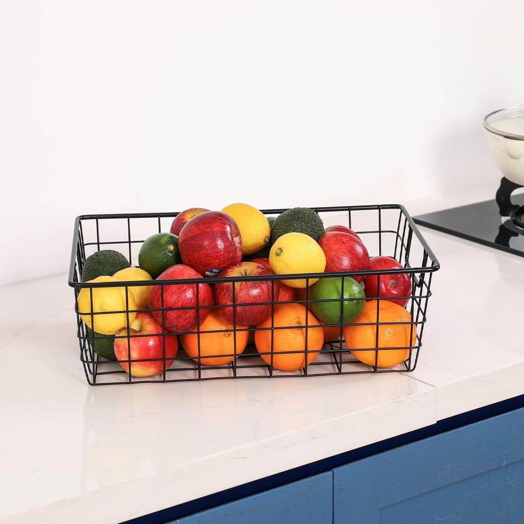 Wetheny 1 Pack Extra Large Wire Basket with Metal Handles, Metal Basket for organizers and storage, Wire Storage Baskets for Pantry, Cabinet, Fridge, Kitchen, Wardrobe, Garage, Bathroom, Black