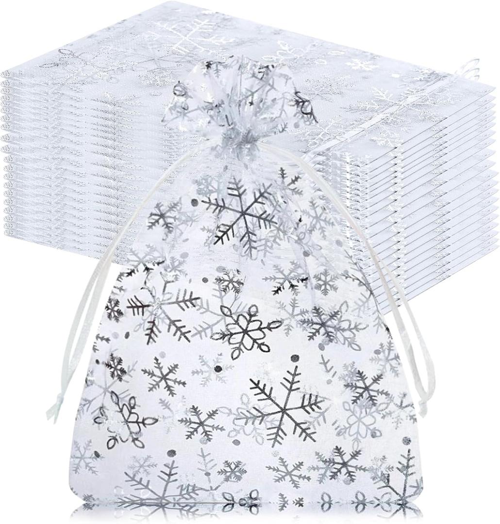 100Pcs Christmas Organza Gift Bags, 4x6 Snowflake Mesh Drawstring for Xmas Wedding Party Favor, Jewelry Candy Goodie - Organza Bags (Silver)