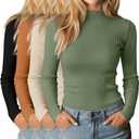 Riyiper 4 Pack Cotton Women's Mock Turtleneck Long Sleeve Tops Ribbed Lettuce Trim Slim Fit Basic Shirts Thermal Base Layer (Medium, Matcha Green, Light Beige, Orange, Black)