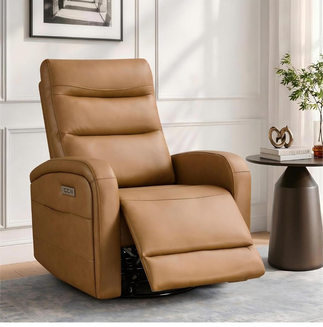 KISLOT Power Swivel Recliner Chair, Faux Leather Recliner 270° Rotation Modern Nursery Glider, Ergonomic Armrest & Side Storage Pocket, Comfortable Armchair for Living Room Bedroom & Nursery