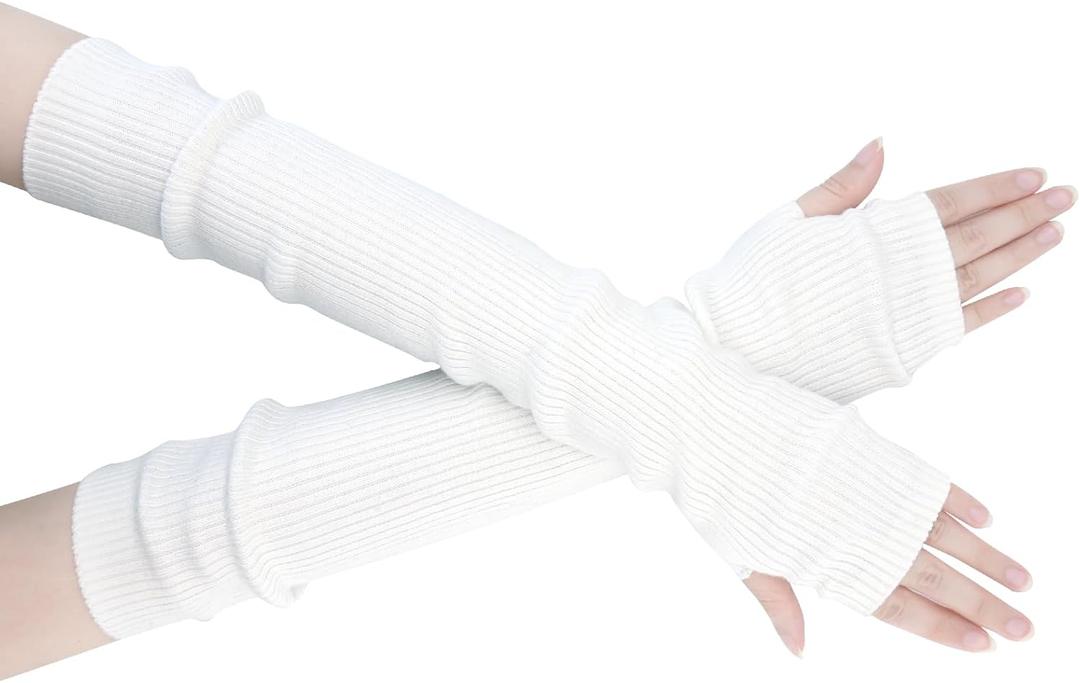 Winter Fingerless Long Gloves for Women Cashmere Blended Knitted Arm Warmers Super Soft Black Arm Sleeves (White)