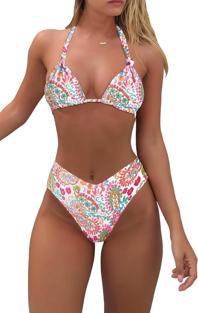Bikini Sets for Women Sexy Halter Triangle String Bikini Cheeky V Cut High Waisted Thong Swimsuits 2 Piece (S)