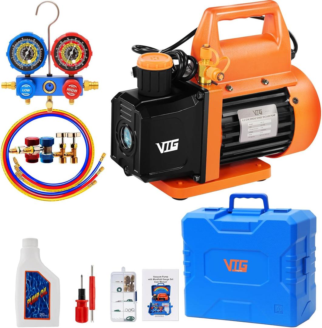 VTG VOGTEN 4.5 CFM AC Vacuum Pump and Gauge Set,for Mini Split/HVAC/Auto Systems,Manifold Gauge Kit Compatible with R22, R32, R134a,R410a,Includes 3 Hoses,2 R134a Can Tap,Upgraded Trifold Storage Case