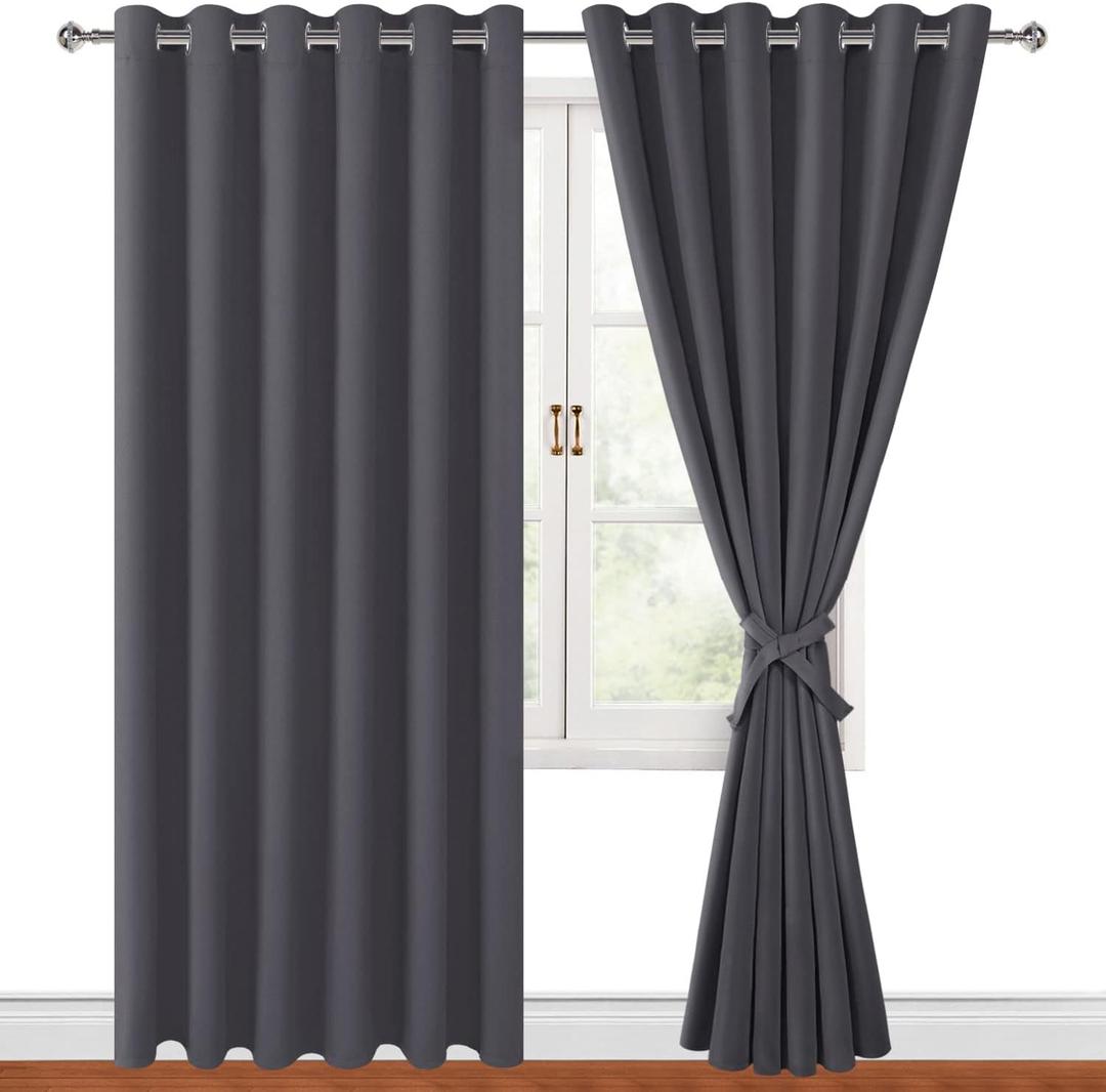 Hiasan Grommet Blackout Curtains for Bedroom, 70 x 84 Inches - Thermal Insulated & Light Blocking Window Drapes for Living Room/Dorm Room, Set of 2 Panels Sewn with Tiebacks, Dark Grey