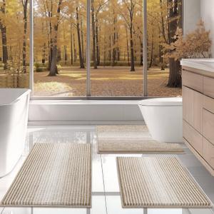 BSICPRO Bathroom Rugs Sets 3 Piece, Toilet Rugs U-Shaped Contour Bath Mat Set, Striped Absorbent Non Slip Chenille Shower Mat, Light Taupe
