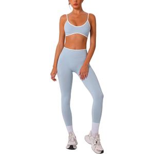 ABOCIW Womens 2 Piece Workout Sets Seamless Color Block Sports Bra Scrunch Butt Lifting High Waist Leggings Gym Set (Blue, S)