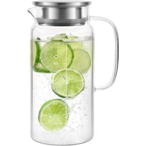 VUCCHINI Glass Pitcher With Lid 37 oz / 1100 ml Small Juice Milk Cold Carafe and Iced Tea Pitcher Jug for Refrigerator Water Pitcher Container for Juice Coffee Milk and Homemade Beverage