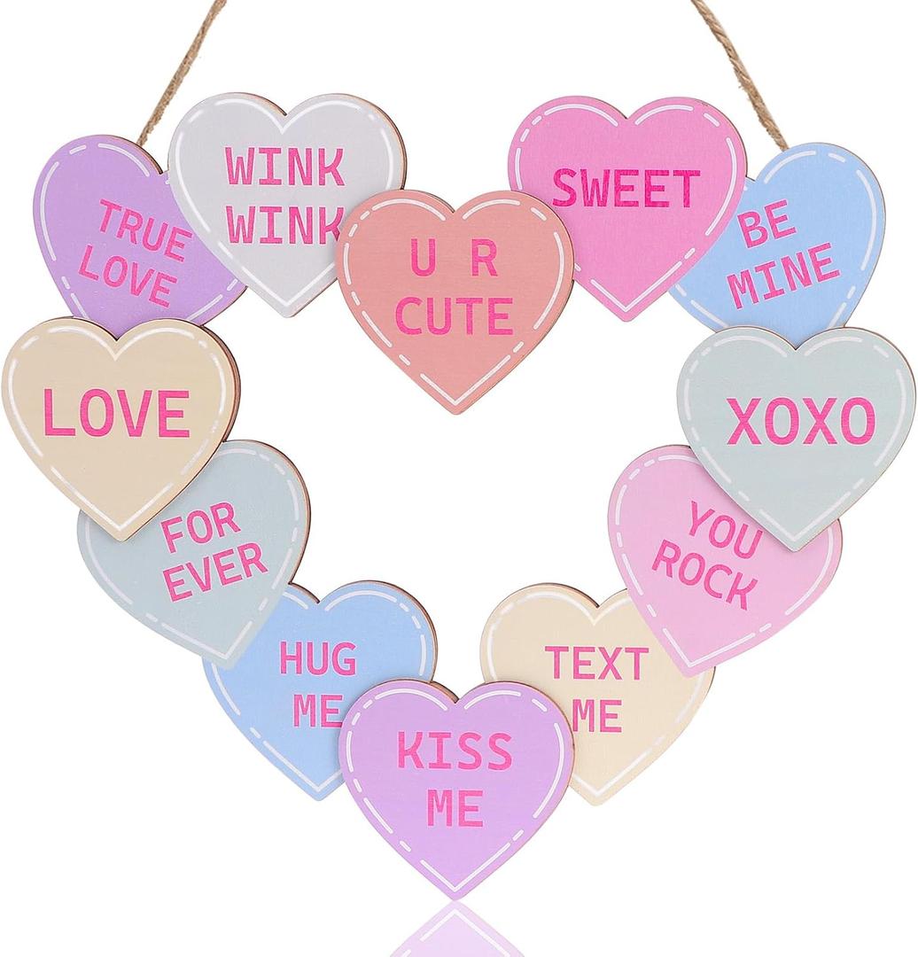 Valentines Day Conversation Heart Door Sign Hanger Valentine's Day Wooden Wreath Happy Valentines Day Decor for Front Door 12 Hearts Pattern Wood Wall Hanging Heart Sign with Ribbon Home Decorations