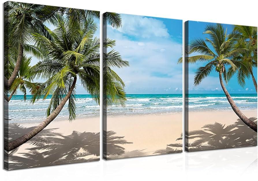 Canvas Wall Art Summer Ocean Waves Coconut Trees on Sands Tropical Beach Seascape Painting Sea Nature Pictures for Living Room Home Office Wall Decor Artwork Framed Ready to Hang 12x16inch set of 3