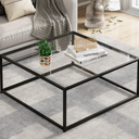Black Glass Coffee Table for Living Room,Square Coffee Tables for Small Spaces,Simple Tea Cocktail Modern Center Tables, Living Room Tables,Easy Assembly,26 * 26in（Black & Clear Glass)